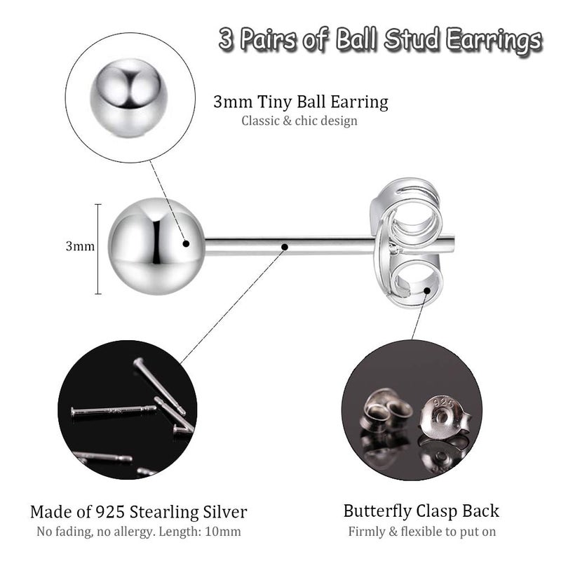 EPIRORA Sterling Silver Stud Earrings for Women Men- 3 Pairs 3mm Tiny Ball Stud Earrings Round CZ Earrings Pearl Earrings Set Cartilage Small Tragus Earrings - Image 2